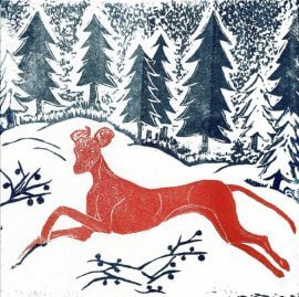"Red brown lurcher running in snow in front of a pine tree woodland. Lino print."