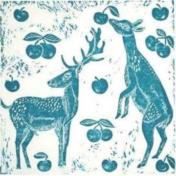 Small linocut in teal of two deer in an apple orchard with falling apples