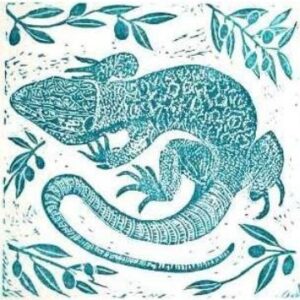 Small lizard linocut in teal with olive branches border pattern