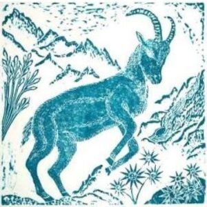 Small square mountain goat linocut in teal with landscape detail
