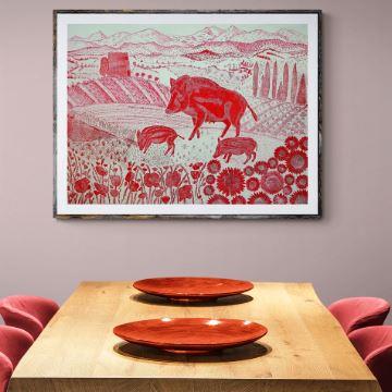 Large mixed media landscape in red featuring a boar family
