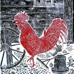 Hand printed Red cockerel on a black barnyard background